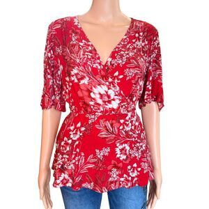 River Island Red Tropical Floral Faux Wrap Deep V Blouse Medium